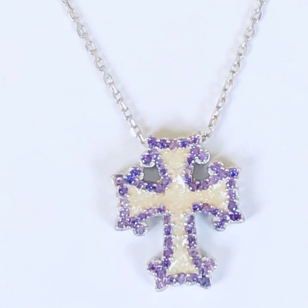 925 Silver cross handmade enamel cz necklace